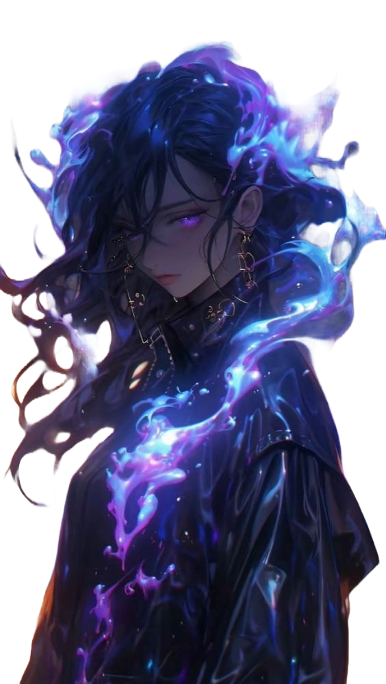 A striking anime girl featuring purple hair, elegantly framed by dynamic blue flames, creating an enchanting visual effect