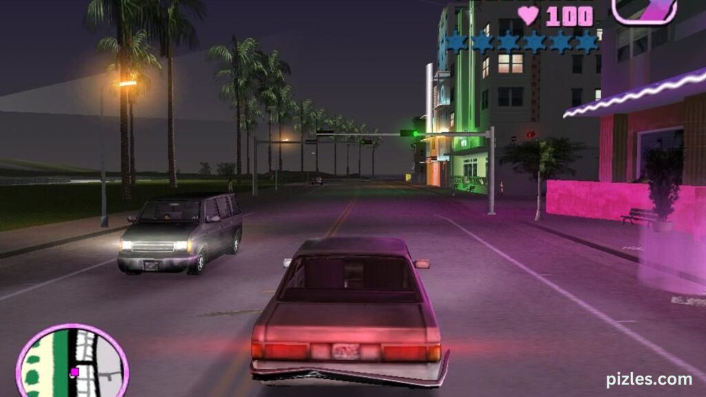 A screenshot from the PC game GTA Vice City, showcasing vibrant cityscapes and iconic 1980s aesthetics.