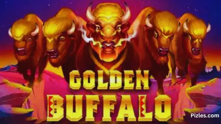 A vibrant golden buffalo slot machine game featuring colorful graphics and spinning reels filled with buffalo symbols.