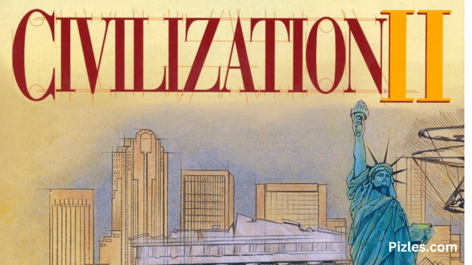 The cover of Civilization II features a detailed world map with iconic structures, representing strategic gameplay and civilization building.