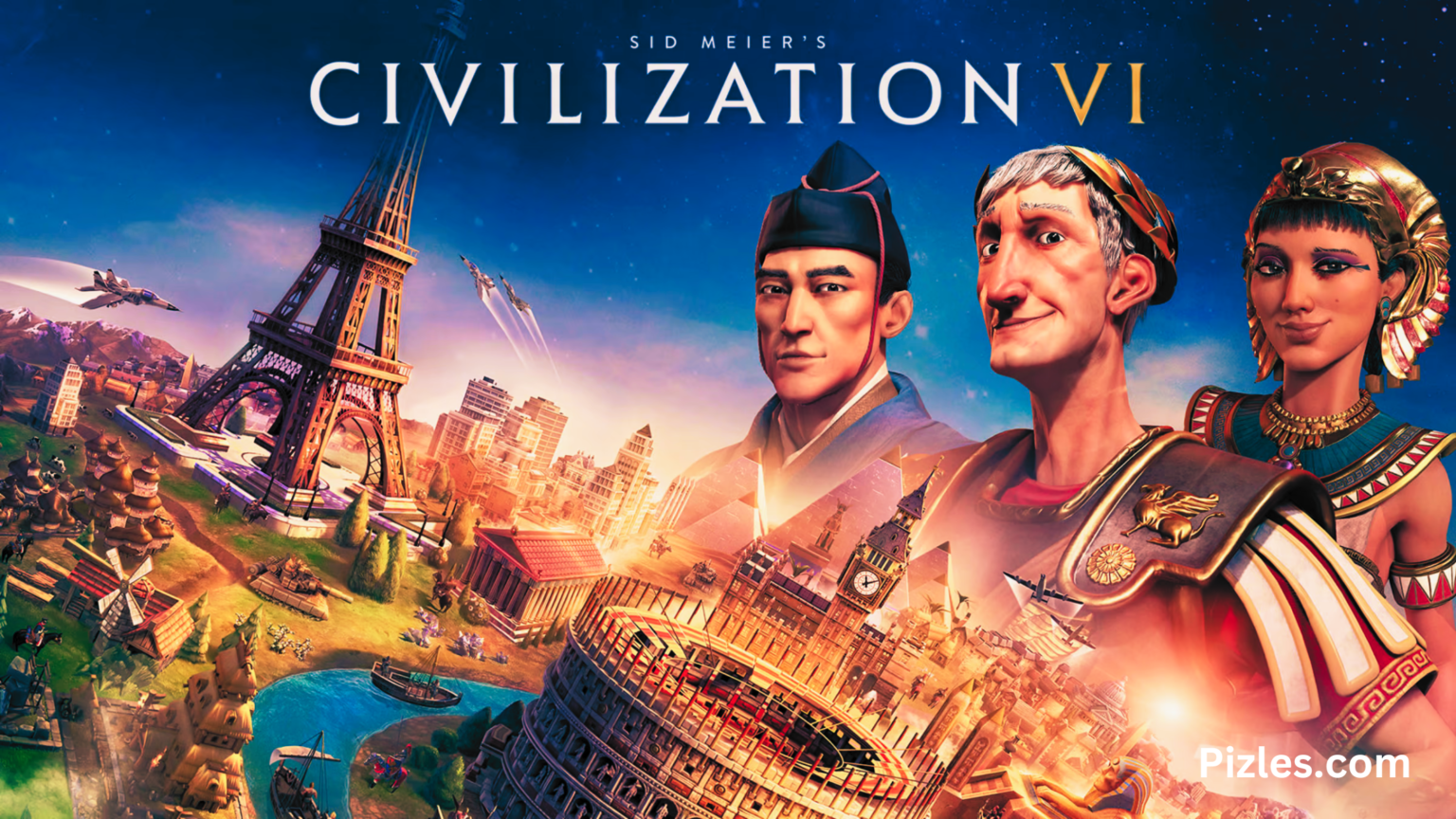 Civilization VI logo displayed prominently in the background, symbolizing the game's strategic and historical themes.